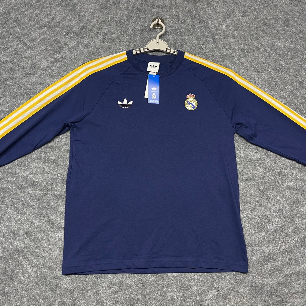 Real Madrid Shirt Mens XL Navy Blue Yellow Stripes Adidas OG Long Sleeve Futbol